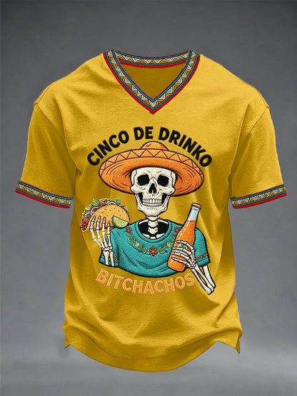 Men's Funny Cinco De Drinko Bitchachos Skeleton Print Casual V-Neck Tee