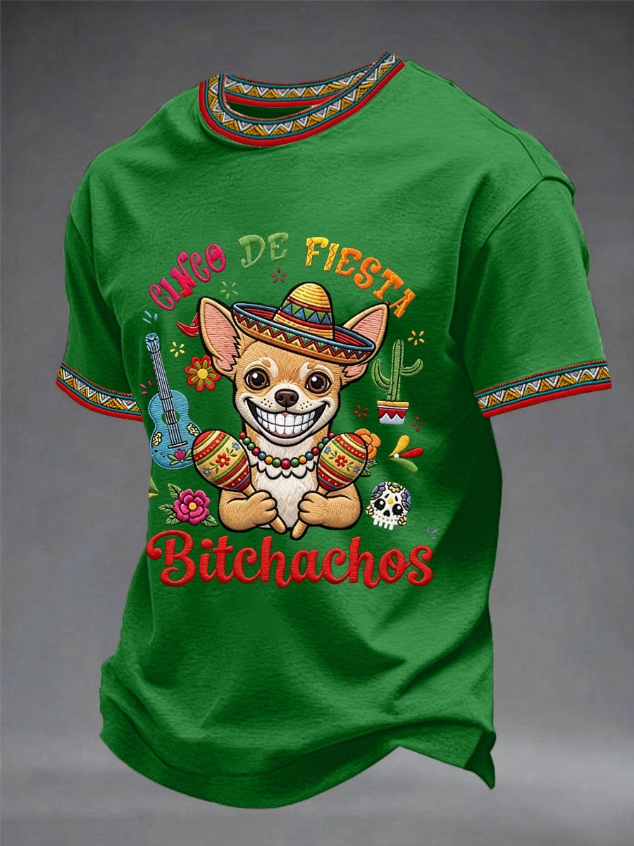 Men's Funny Cinco De Fiesta Bitchachos Dog Print Casual Tee