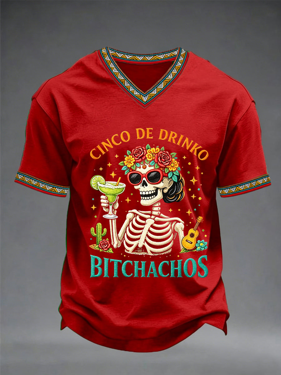 Men's Funny Cinco De Drinko Bitchachos Skeleton Print Casual Short-Sleeve V-neck T-shirt