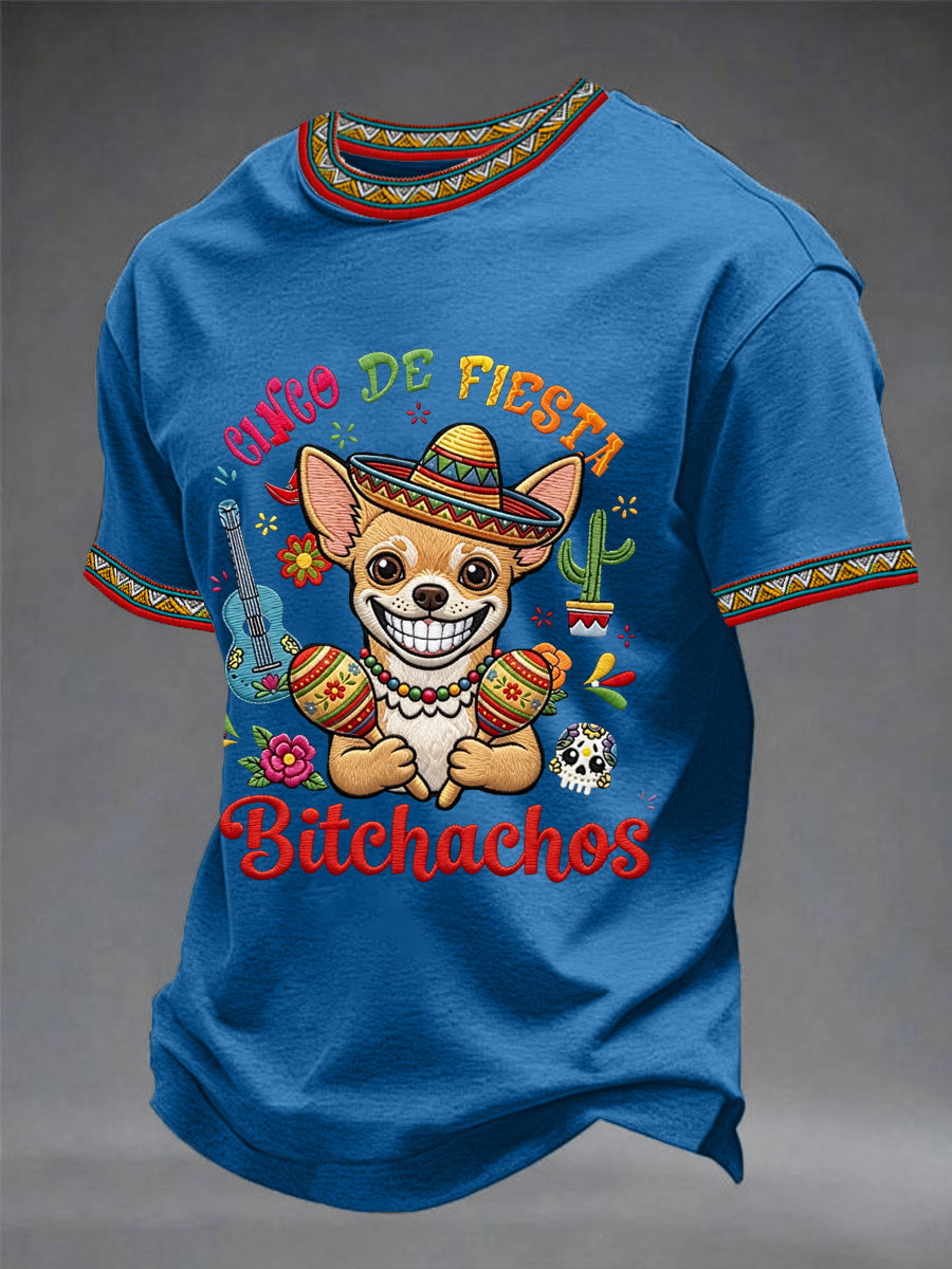 Men's Funny Cinco De Fiesta Bitchachos Dog Print Casual Tee
