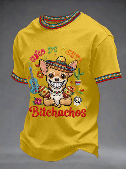 Men's Funny Cinco De Fiesta Bitchachos Dog Print Casual Tee