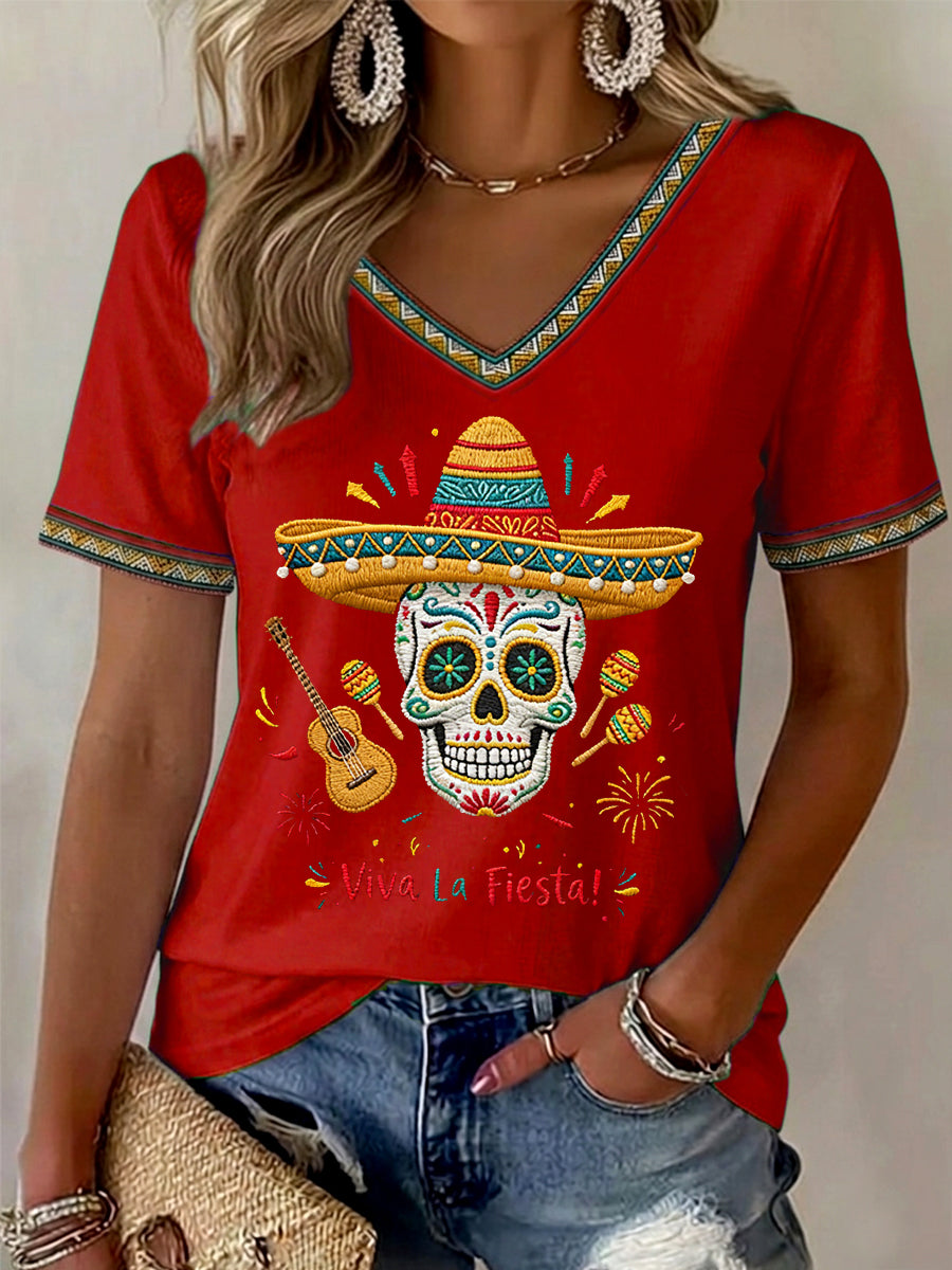 Women's Viva La Fiesta! Skeleton Print Casual V-Neck Tee