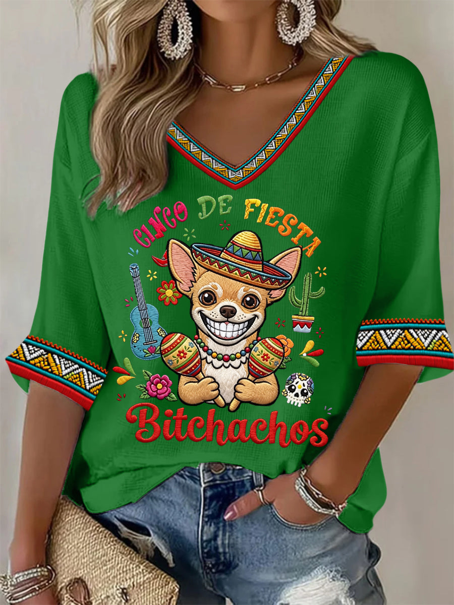 Women's Funny Cinco De Fiesta Bitchachos Dog Print Casual Waffle T-shirt