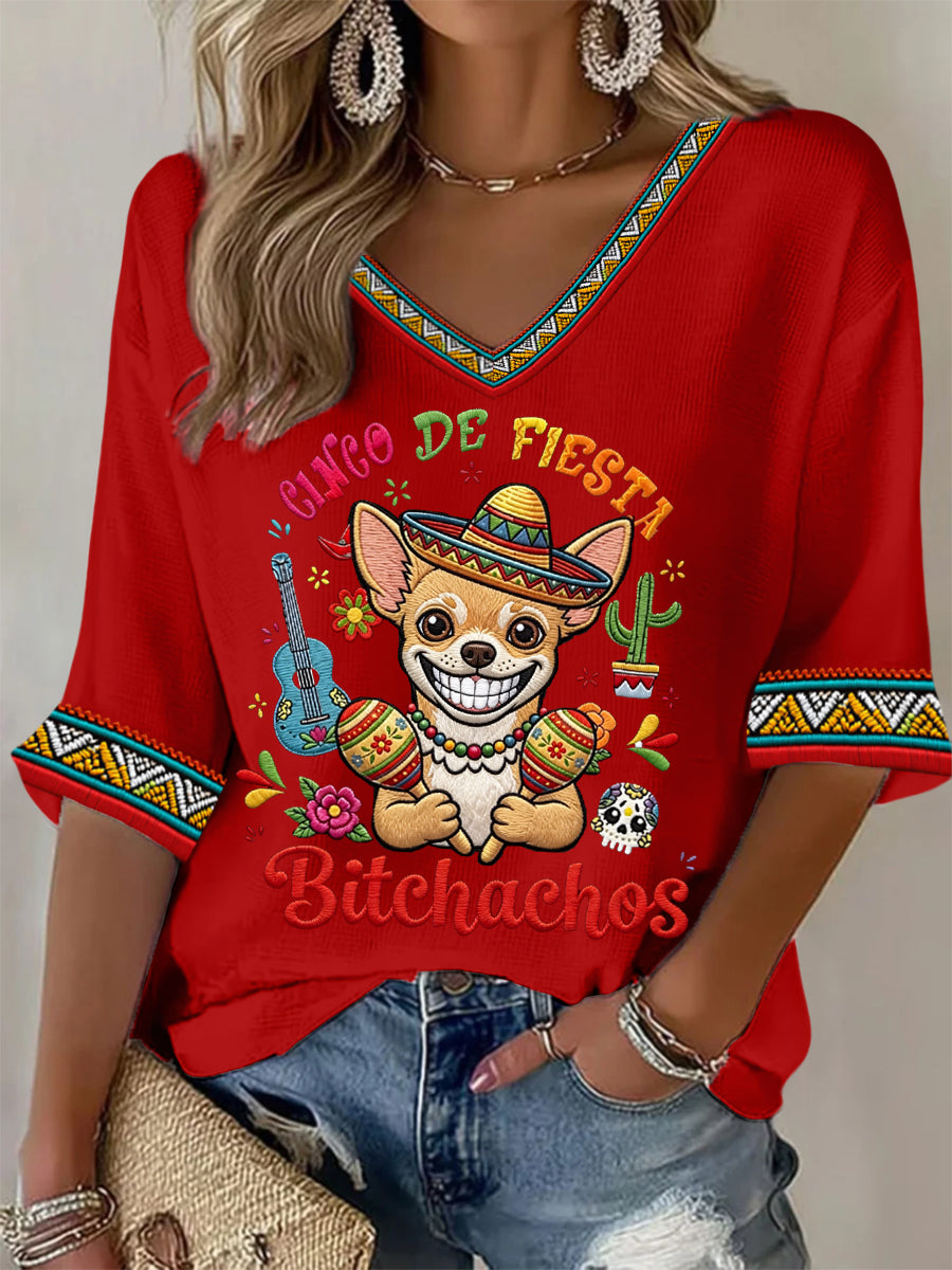 Women's Funny Cinco De Fiesta Bitchachos Dog Print Casual Waffle T-shirt