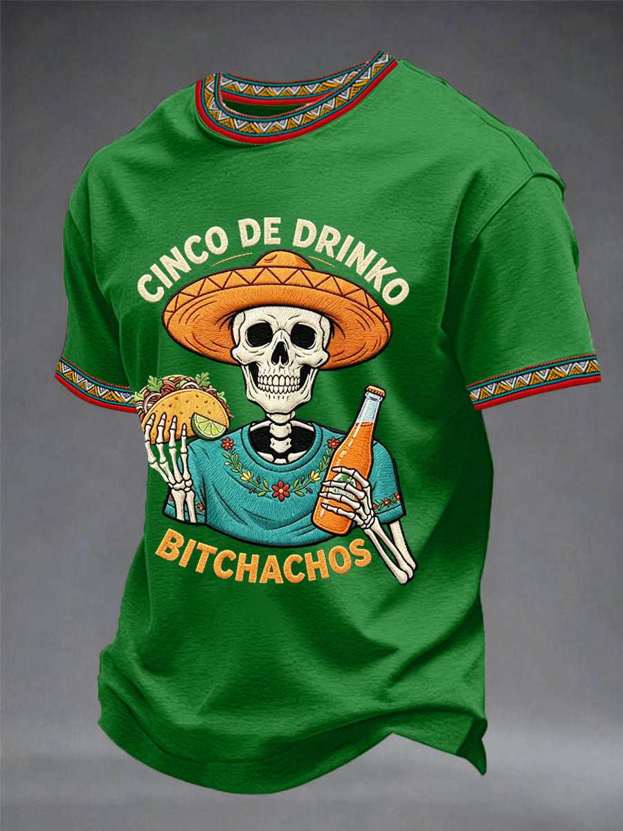 Men's Funny Cinco De Drinko Bitchachos Skeleton Print Casual Tee