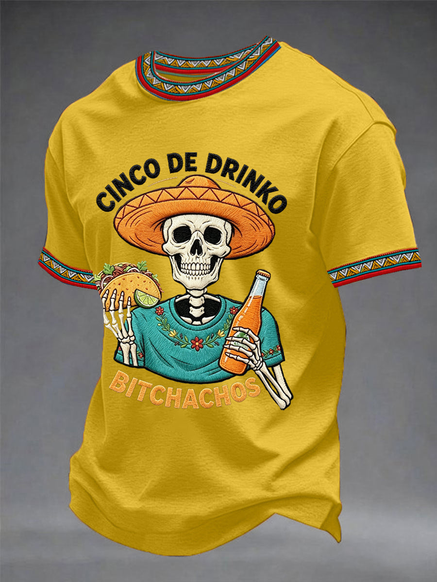 Men's Funny Cinco De Drinko Bitchachos Skeleton Print Casual Tee