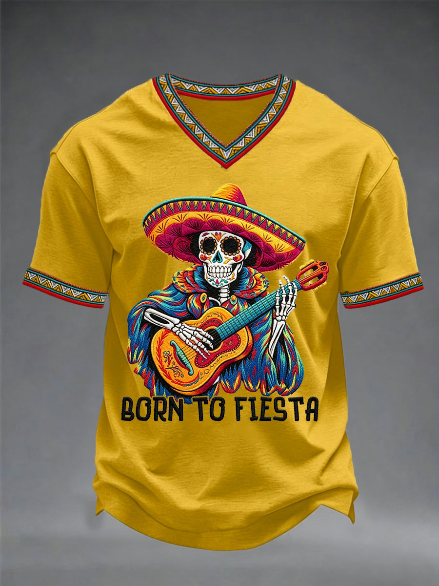 Men's Born To Fiesta Skeleton Print Casual V-Neack Tee
