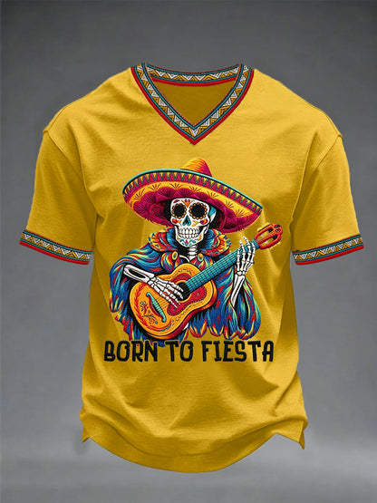Men's Born To Fiesta Skeleton Print Casual V-Neack Tee