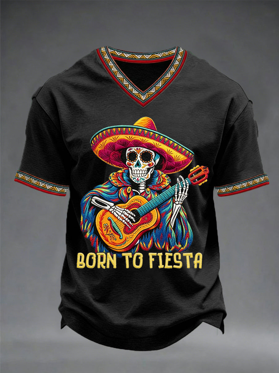 Men's Born To Fiesta Skeleton Print Casual V-Neack Tee