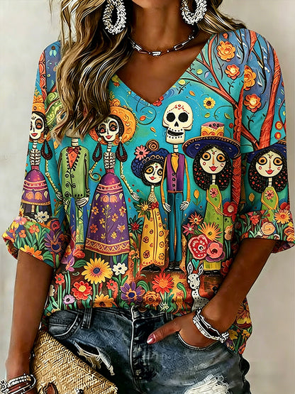 Retro Mexican Cinco de Mayo Art Print Casual V-Neck Top