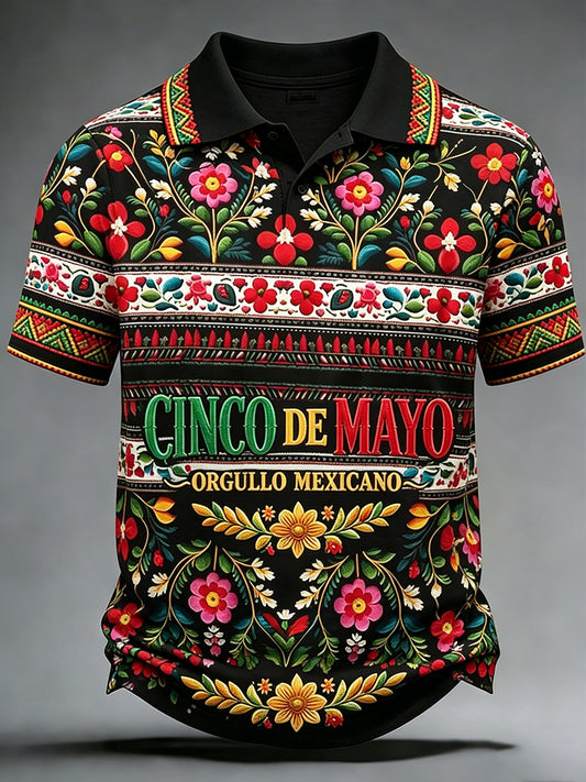 Retro Mexican Cinco de Mayo Art Print Casual Polo Shirt