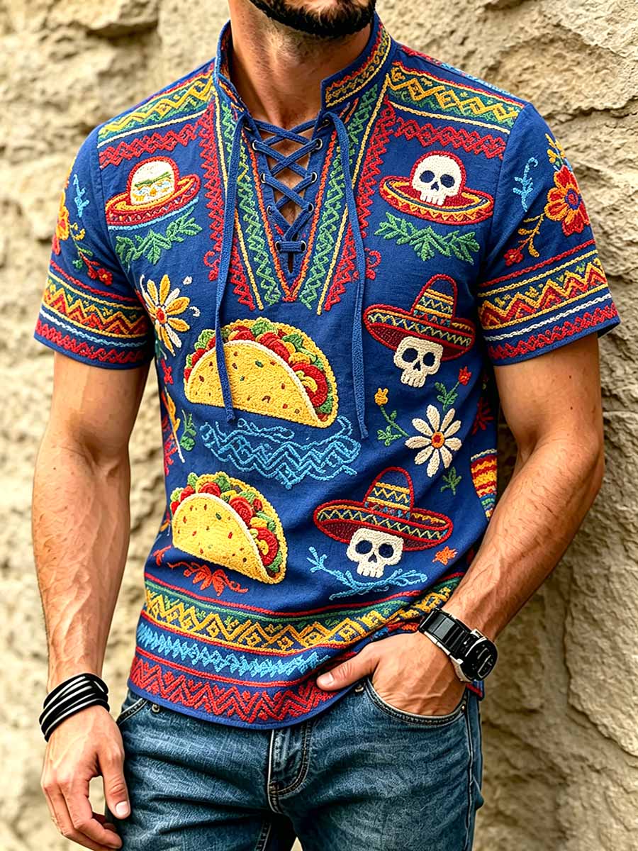 Men's Retro Ethnic Pattern Printed Casual Short-Sleeve Shirt