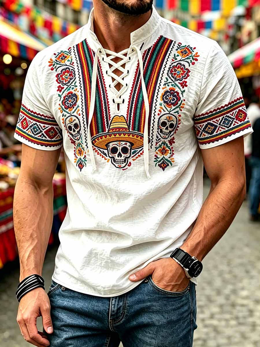 Men's Retro Ethnic Pattern Printed Casual Short-Sleeve Shirt