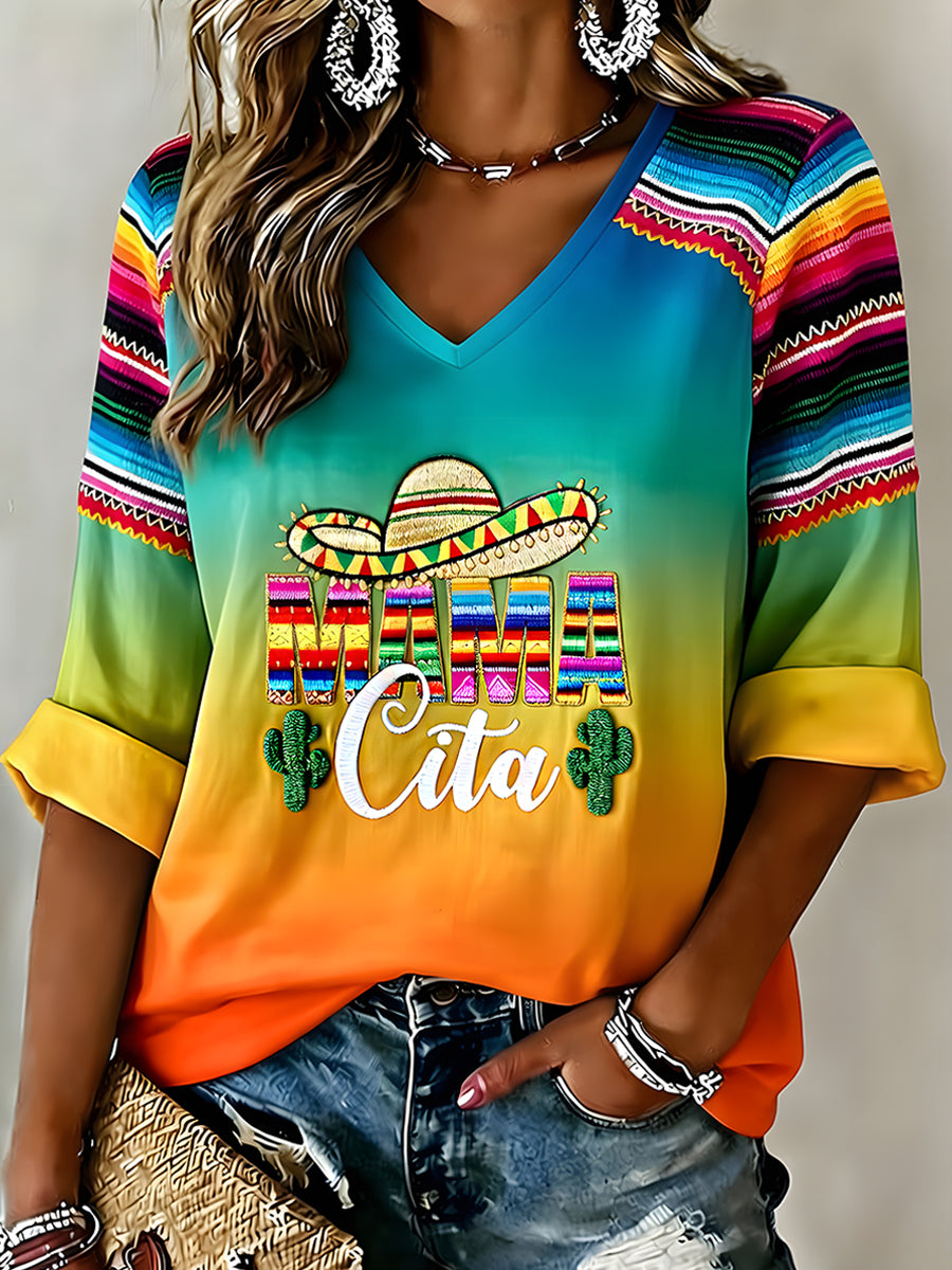Retro Mexican Cinco de Mayo Art Print Casual V-Neck Top