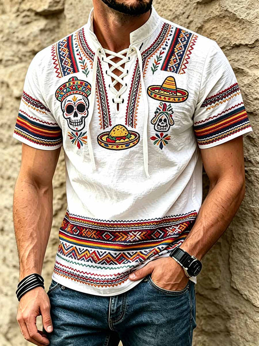 Men's Retro Ethnic Pattern Printed Casual Short-Sleeve Shirt