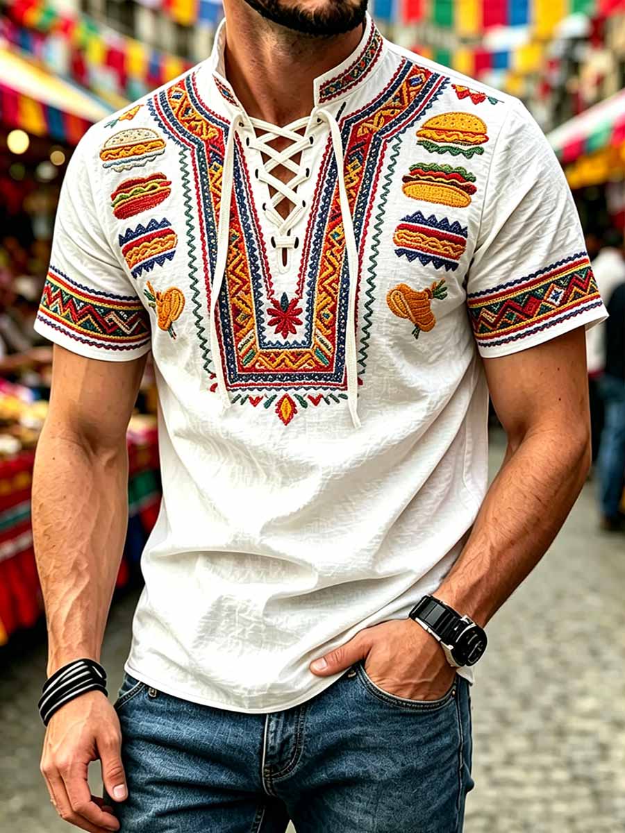 Men's Retro Ethnic Pattern Printed Casual Short-Sleeve Shirt