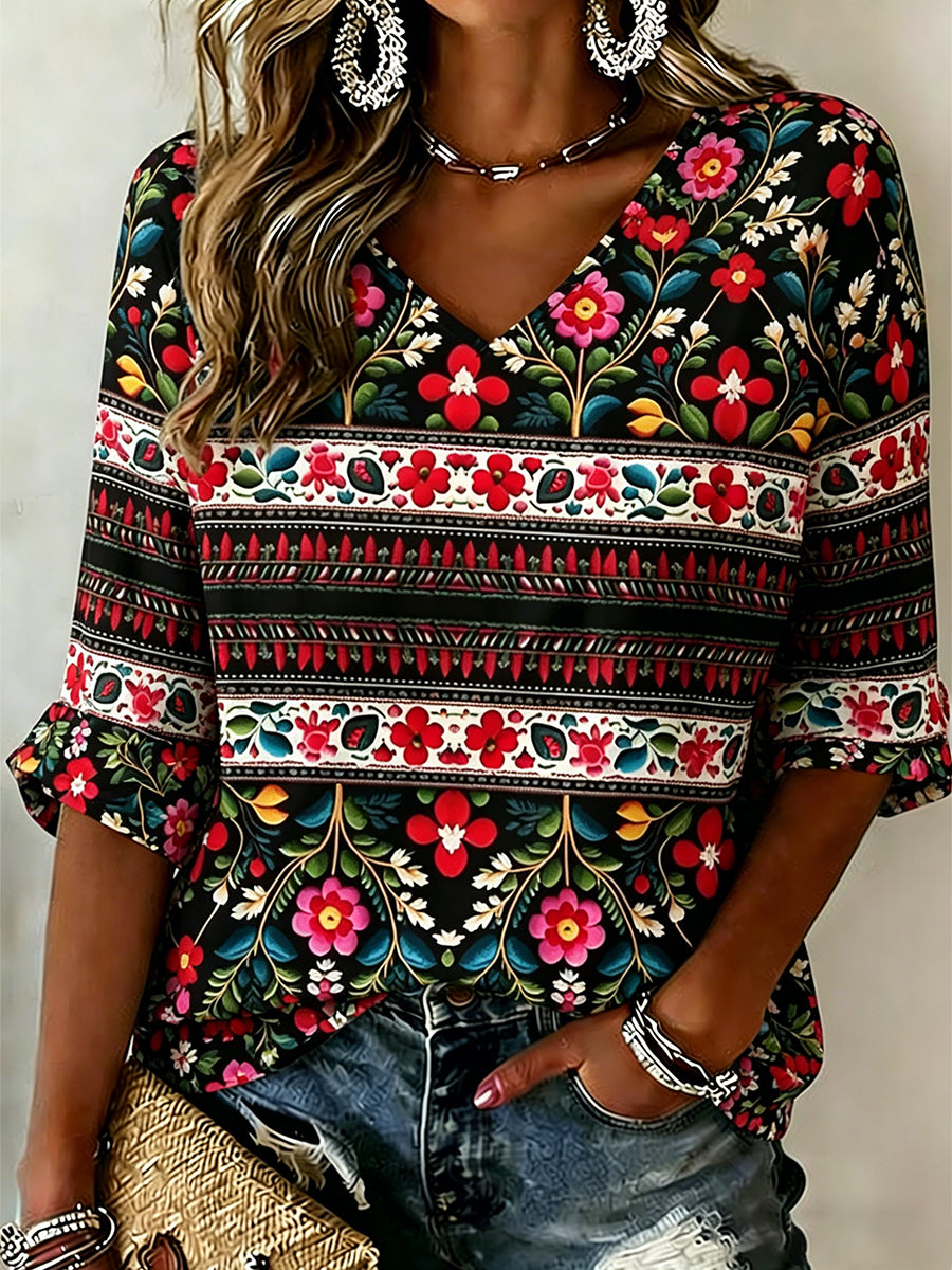 Retro Mexican Cinco de Mayo Art Print Casual V-Neck Top