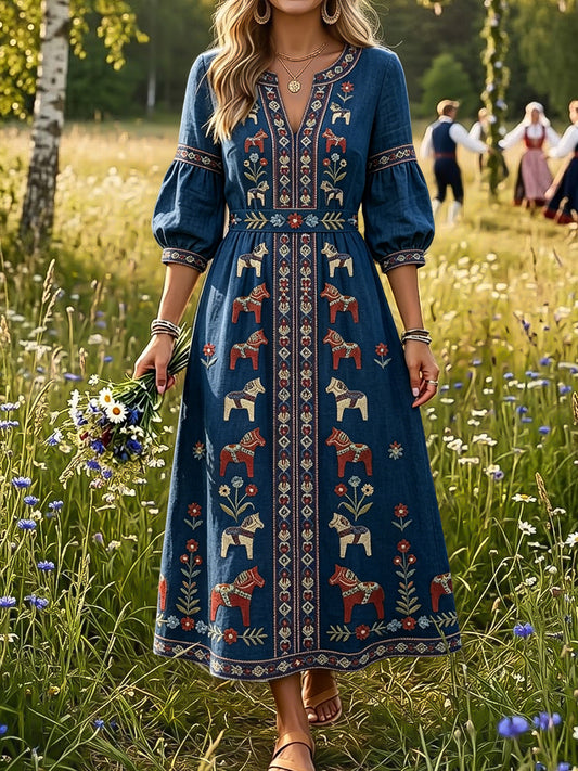 Women's Retro Swedish Midsummer Carousel Floral Art V-Neck Dress