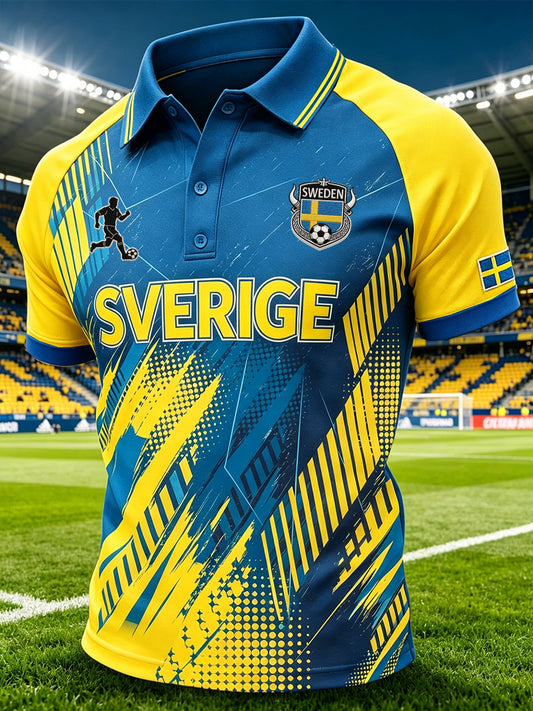 Men's Sports-Style Raglan Polo Shirt With Football Elements