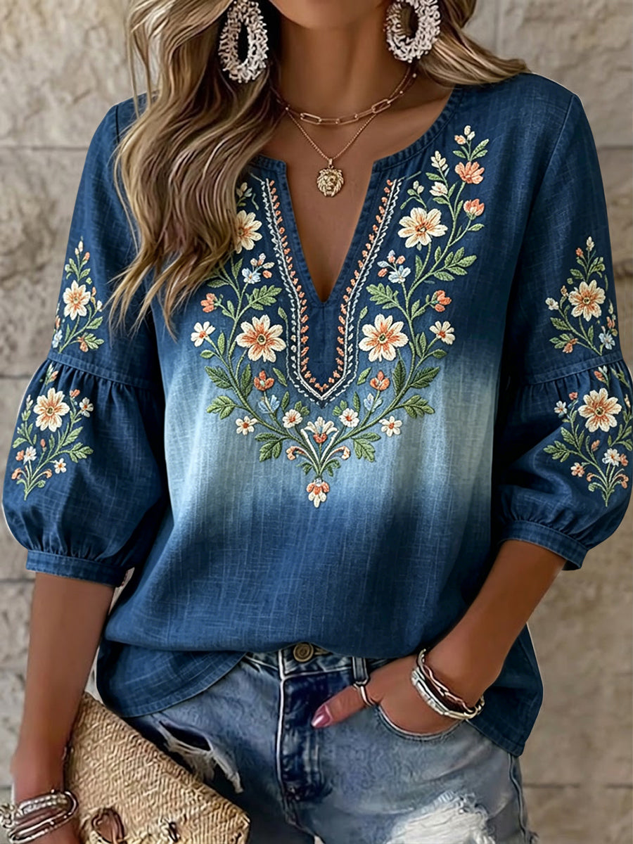 Women's Retro-Art Swedish Midsummer Floral V-Neck Top