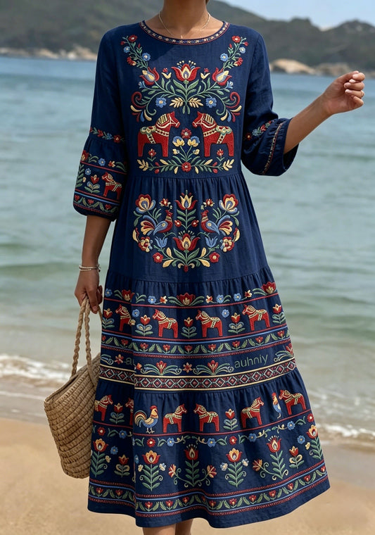Women's Retro Swedish Midsummer Folk Floral Mid-Length Sleeve Cotton-Linen Dress