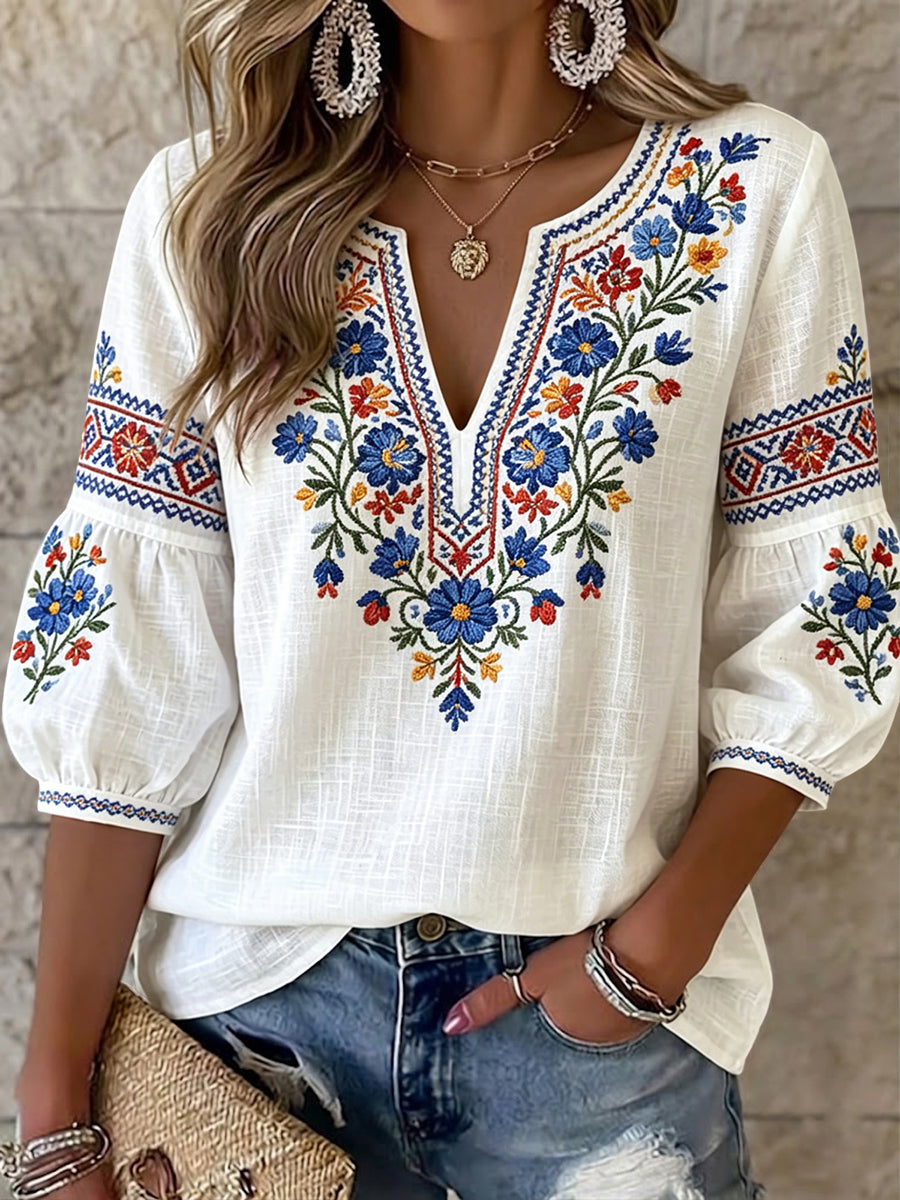 Women's Retro Swedish Midsummer Colorful Floral Art V-Neck Top