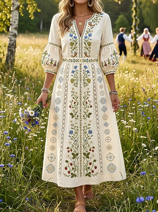 Women's Vintage Swedish Midsummer Floral Art V-Neck Dress