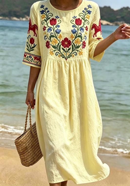 Women's Retro Swedish Midsummer Folk Floral Mid-Length Sleeve Cotton-Linen Dress