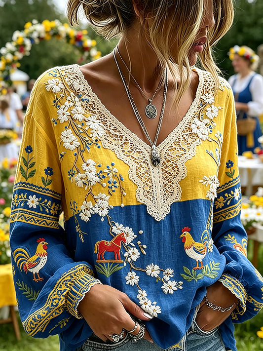 Women's Midsummer-Style Ethnic Print V-Neck Puff-Sleeve Top