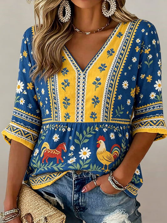Women's Swedish Midsummer Festival Commemorative Art Print V-Neck T-Shirt