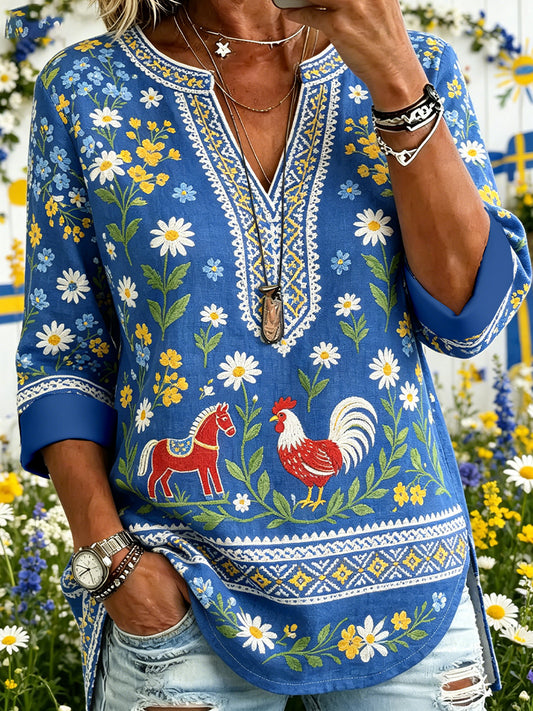 Women's Midsummer-Style Ethnic Print V-Neck Top