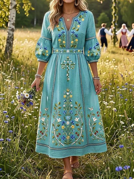 Women's Vintage Swedish Midsummer Flower Crown Art V-Neck Dress