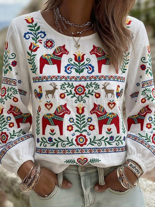 Women's Retro Swedish Midsummer Folk Floral Cotton-Linen Blouse