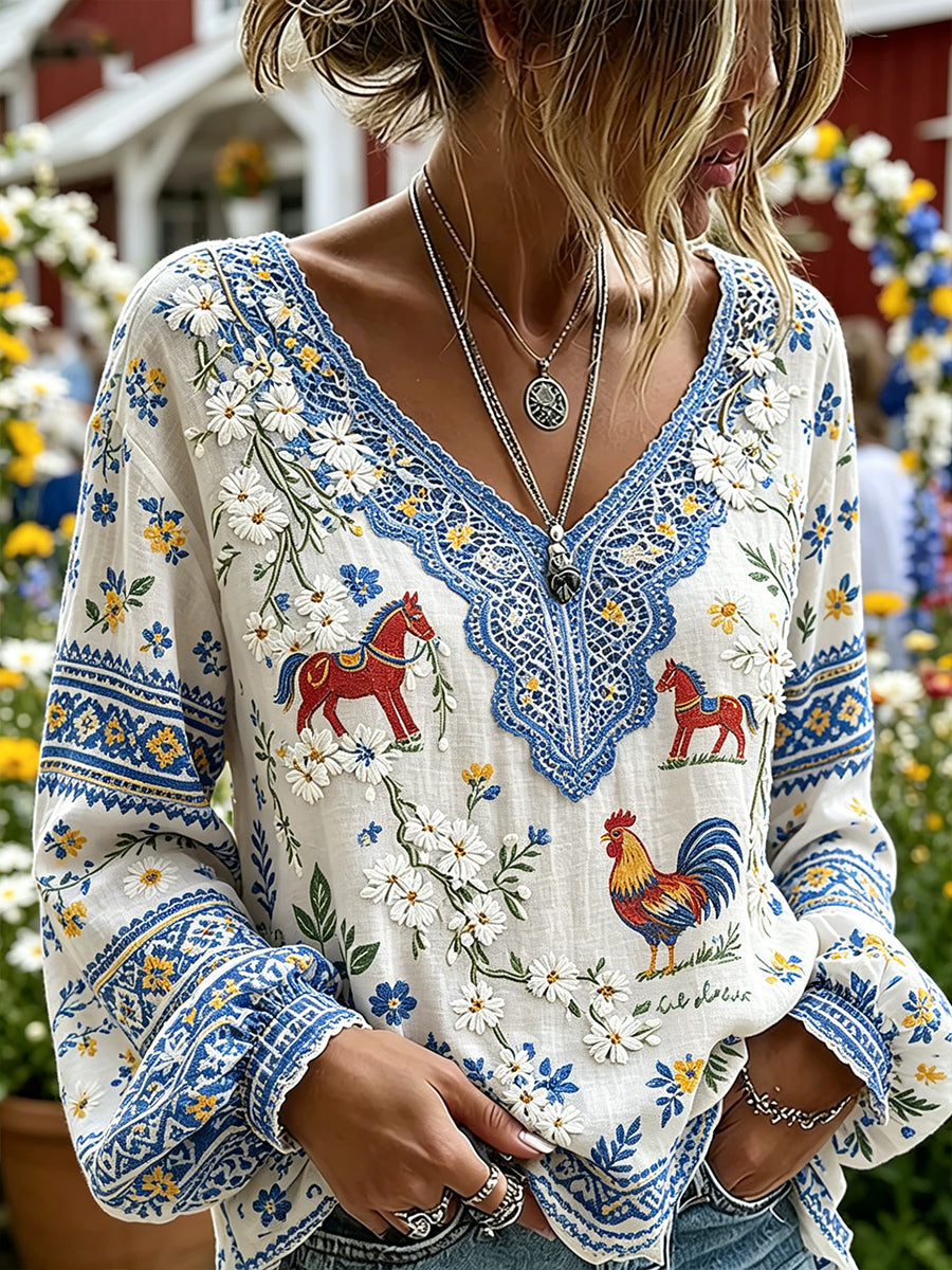 Women's Midsummer-Style Ethnic Print V-Neck Puff-Sleeve Top