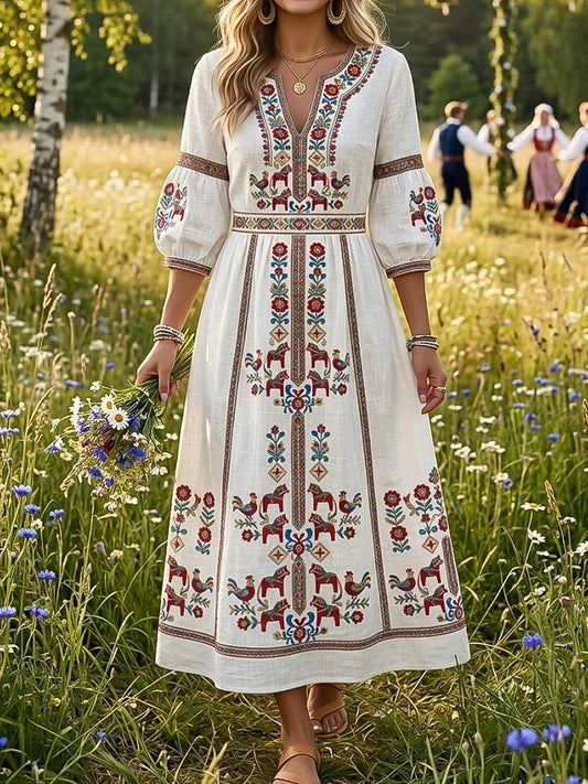 Women's Retro Swedish Midsummer Floral V-Neck Dress