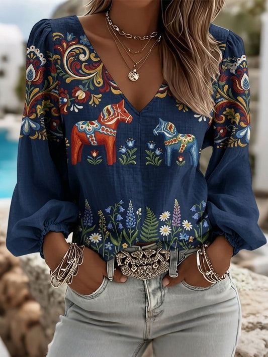 Women's Retro Swedish Midsummer Folk Floral Cotton-Linen Blouse