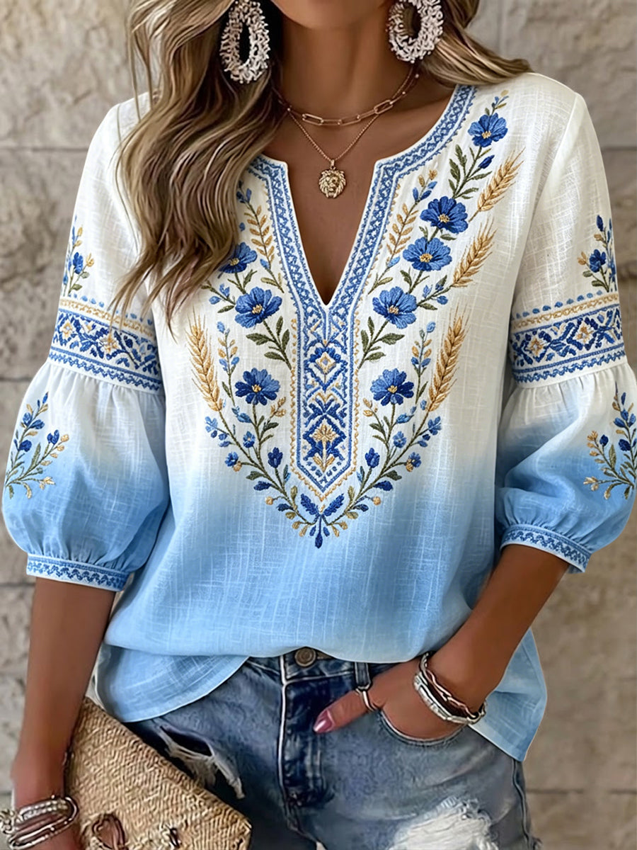 Women's Retro-Art Swedish Midsummer Floral Gradient V-Neck Top