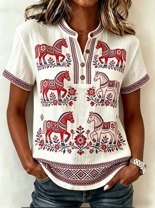Women's Retro Swedish Midsummer Folk Floral Cotton-Linen T-shirt