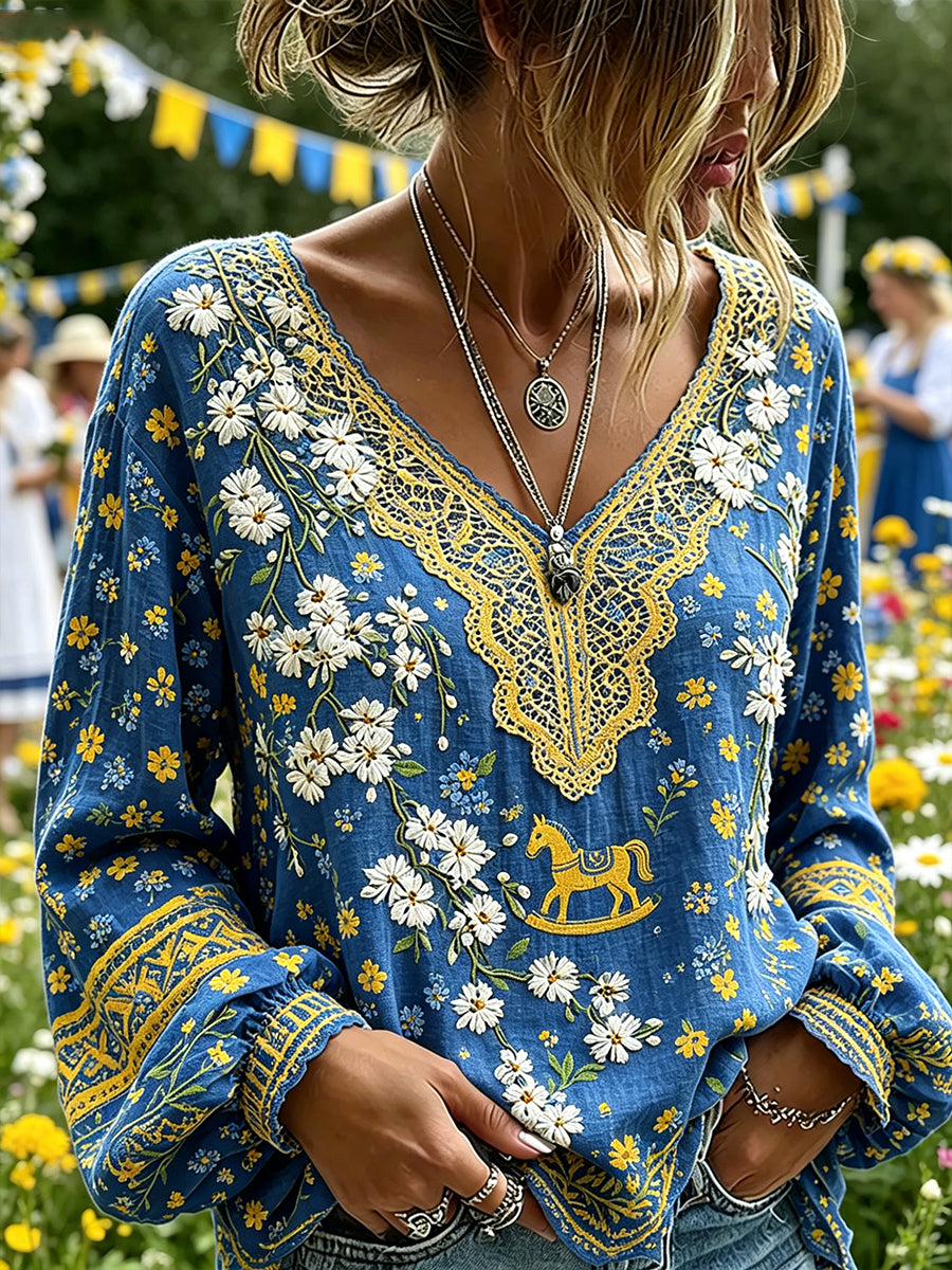 Women's Midsummer-Style Ethnic Print V-Neck Puff-Sleeve Top
