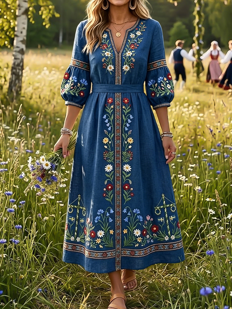 Women's Retro Swedish Midsummer Pole Floral Art V-Neck Dress