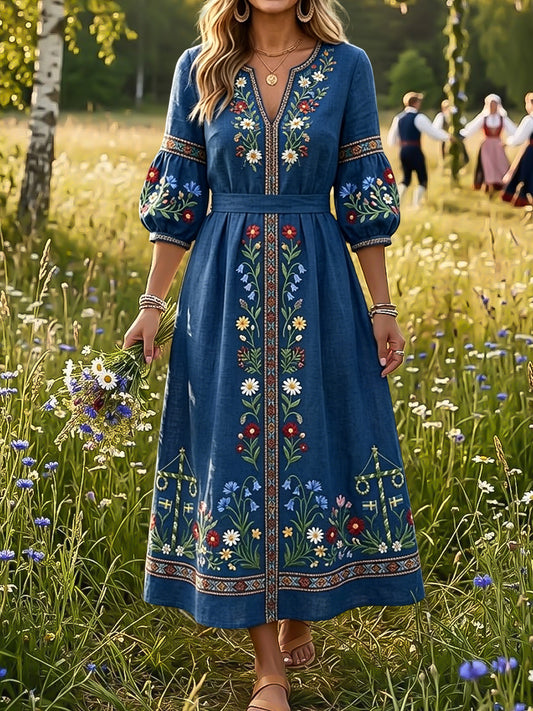 Women's Retro Swedish Midsummer Pole Floral Art V-Neck Dress
