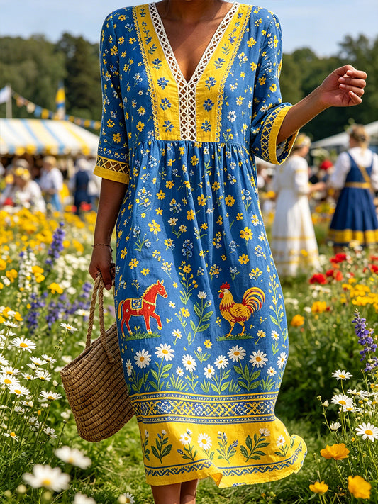 Women's Midsummer-Style V-Neck Dress With Ethnic Print
