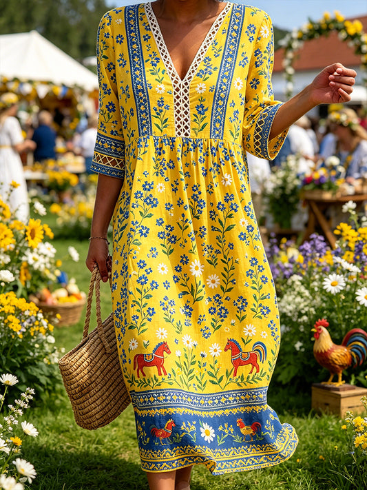 Women's Midsummer-Style V-Neck Dress With Ethnic Print
