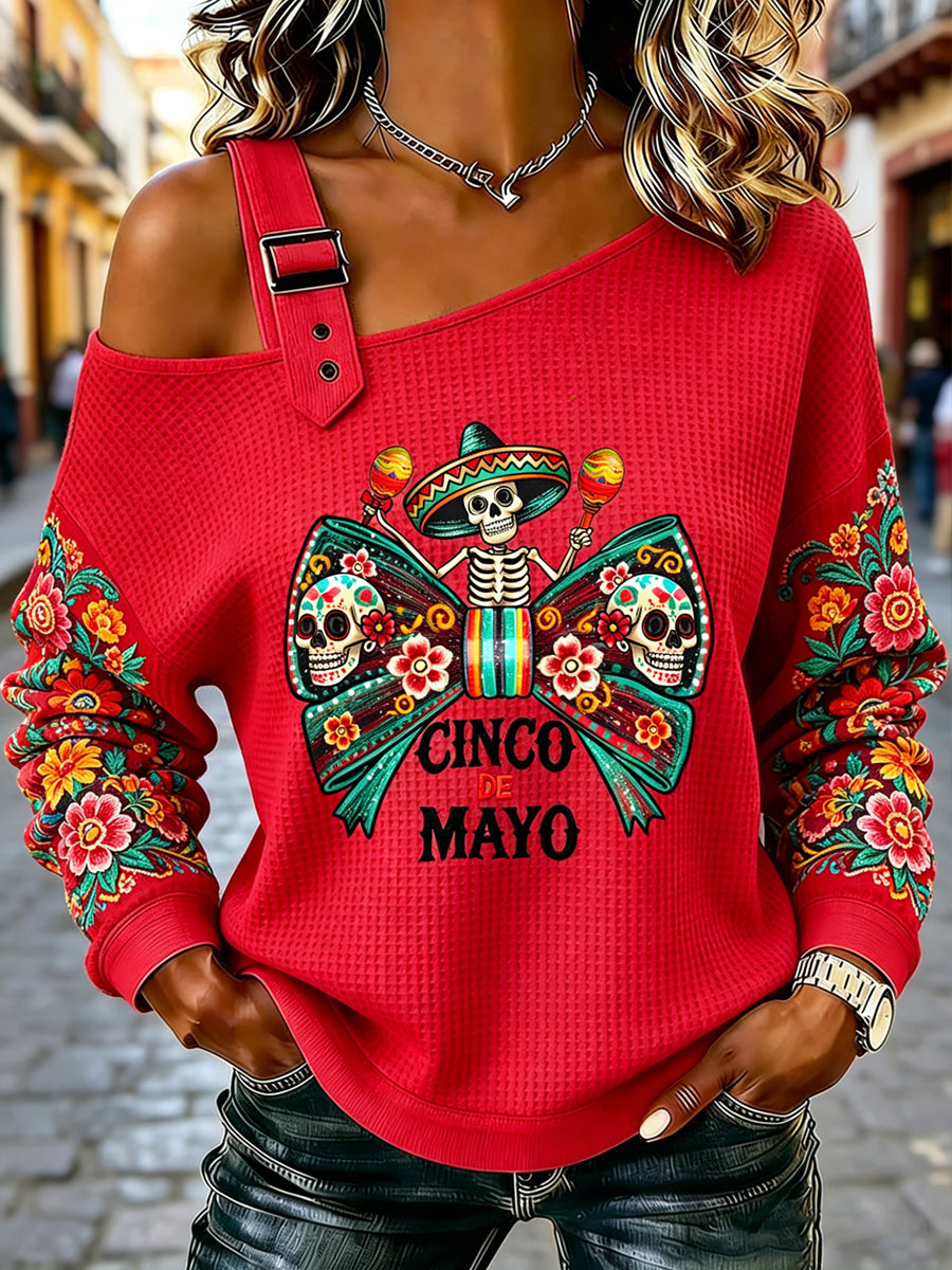 Women's Cinco de Mayo Printed One Shoulder Waffle Casual Sweatshirt