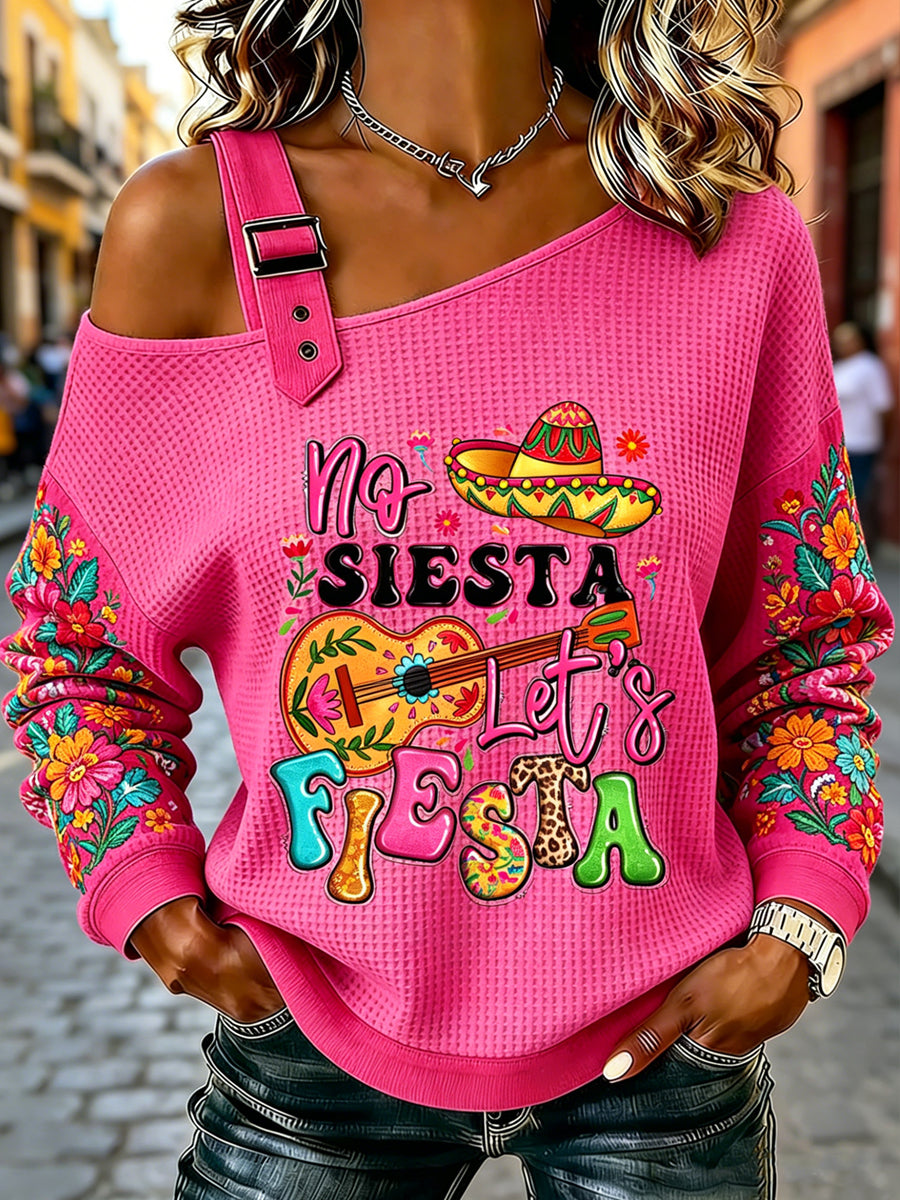 Women's Cinco de Mayo Printed One Shoulder Waffle Casual Sweatshirt