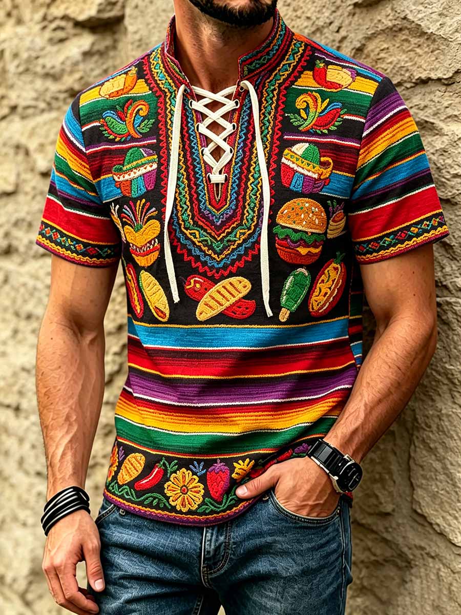 Men's Retro Ethnic Pattern Printed Casual Short-Sleeve Shirt