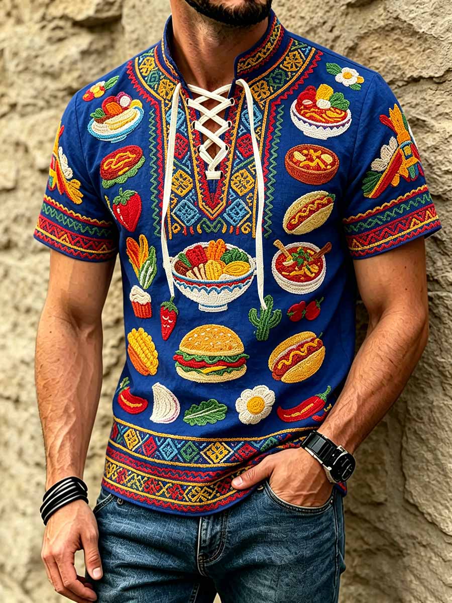 Men's Retro Ethnic Pattern Printed Casual Short-Sleeve Shirt
