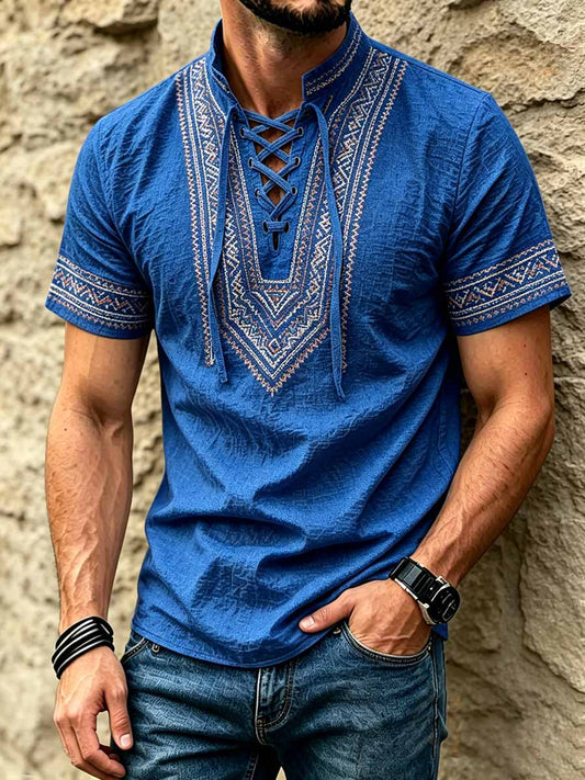 Men's Retro Ethnic Pattern Printed Casual Short-Sleeve Shirt