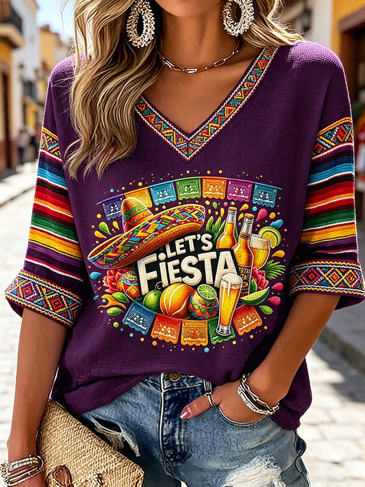 Women's V-neck Mid-Sleeve Cinco de Mayo Printed Casual T-shirt