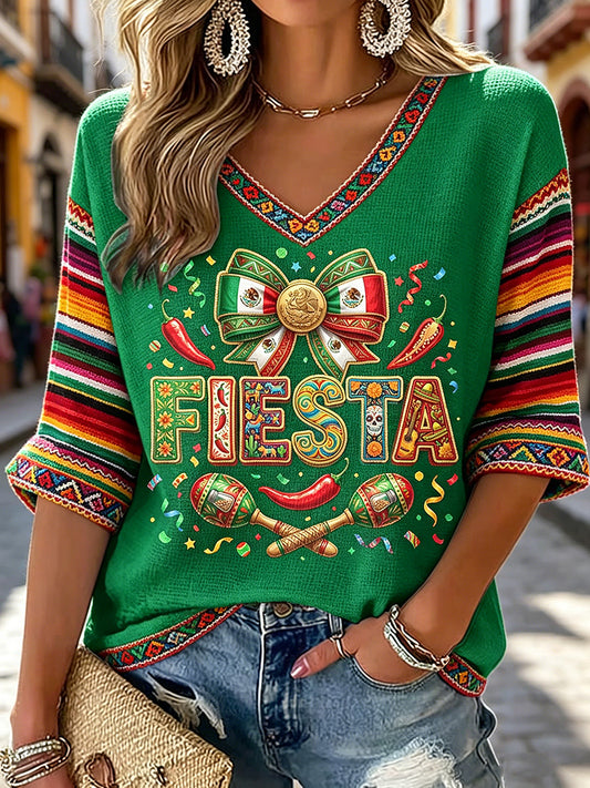 Women's V-neck Mid-Sleeve Cinco de Mayo Printed Casual T-shirt